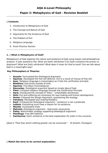 AQA A-Level Philosophy Metaphysics of God Revision Workbook