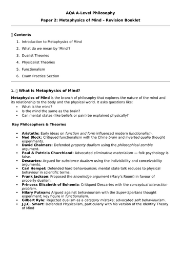 AQA A-Level Philosophy Metaphysics of Mind Revision Workbook