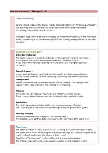 'Strange Fruit' by Abel Meeropol: Revision Notes and Questions