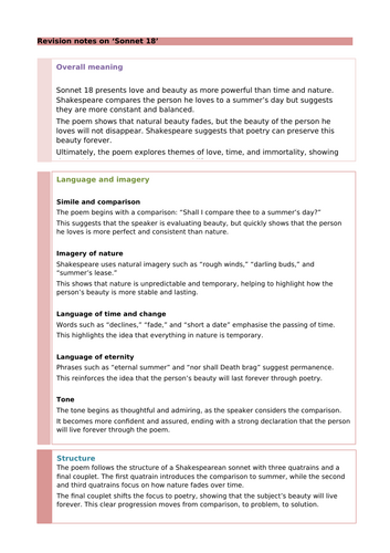 Sonnet 18 by William Shakespeare: Revision Notes and Questions