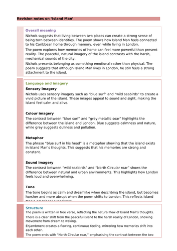 'Island Man' by Grace Nichols: Revision Notes and Questions