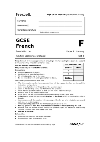 AQA GCSE French (2026) – Foundation Listening Practice Paper (Set 3)