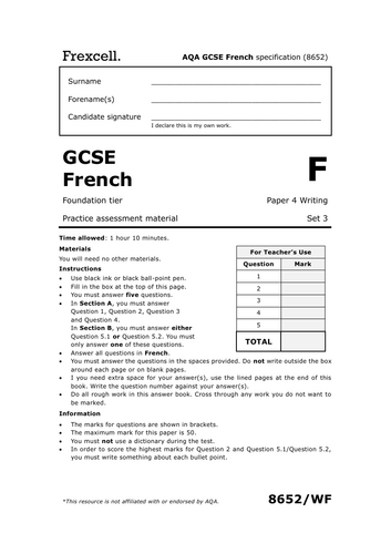 AQA GCSE French (2026) – Foundation Writing Practice Paper (Set 3)