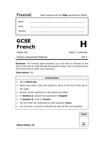 AQA GCSE French (2026) – Higher Listening Practice Paper (Set 3)