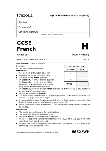 AQA GCSE French (2026) – Higher Writing Practice Paper (Set 3)