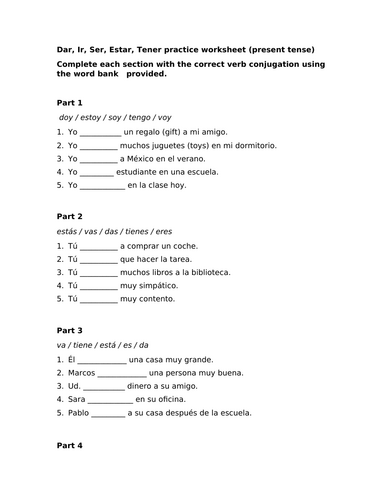 Dar Ir Ser Estar Tener practice worksheet