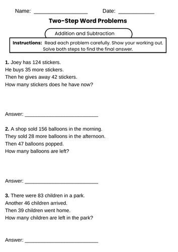 Two-Step Word Problems Year 3 | Addition & Subtraction | 5 Worksheets