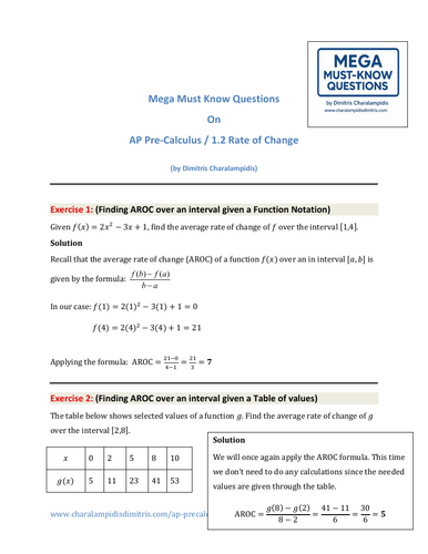 AP Precalculus – 1.2 Average Rate of Change (AROC) Mega Must-Know Questions + Solutions