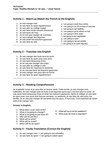 KS3 FR Healthy living + immediate future tense worksheet