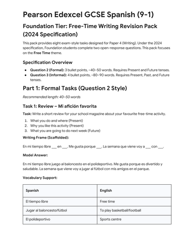 GCSE Spanish Pearson Foundation Writing Pack - Free time