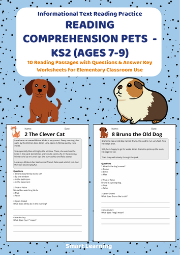 Reading Comprehension Pets Worksheets (Ages 7–9) | 10 Texts & Questions