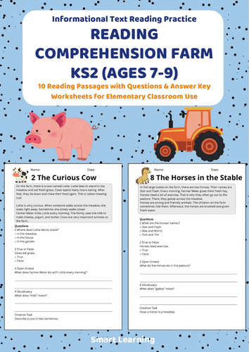 Reading Comprehension Farm Worksheets (Ages 7–9) | 10 Texts & Questions