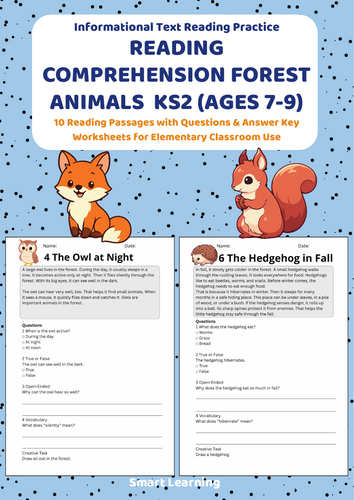 Reading Comprehension Forest Animals Worksheets (Ages 7–9) | 10 Texts & Questions