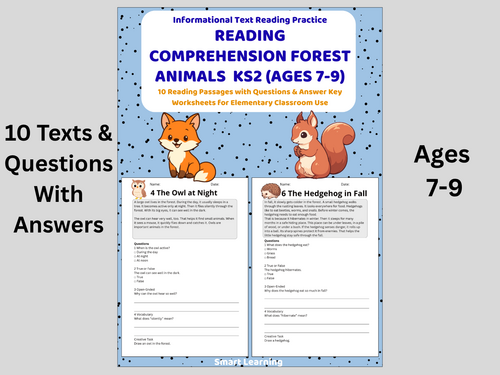 Reading Comprehension Forest Animals Worksheets (Ages 7–9) | 10 Texts & Questions