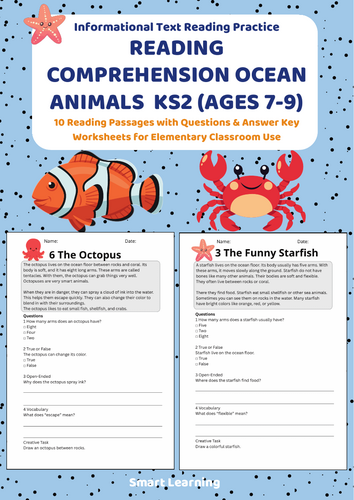 Reading Comprehension Ocean Animals Worksheets (Ages 7–9) | 10 Texts & Questions