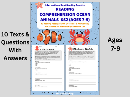 Reading Comprehension Ocean Animals Worksheets (Ages 7–9) | 10 Texts & Questions