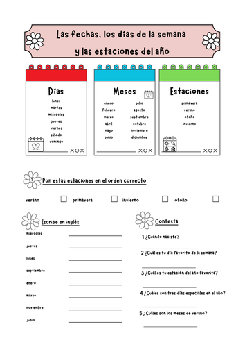 Spanish Dias meses estaciones first introduction voacbulary