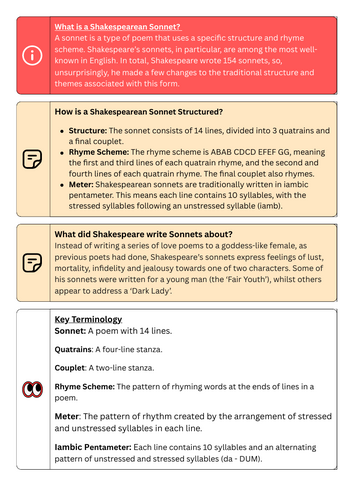 Shakespearean Sonnet Worksheet (KS3)