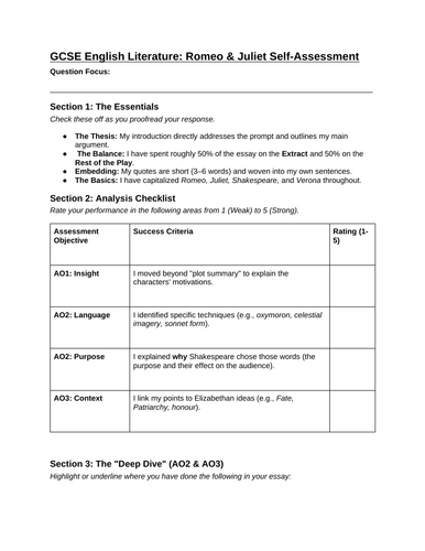 Romeo and Juliet self assessment sheet