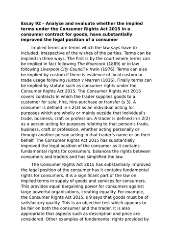 A-Level Law: 2024 Implied Terms Evaluation Plan + Model - Eduqas Contract Law