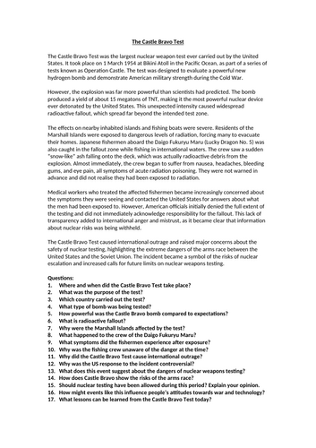 The Cold War - The Castle Bravo Test Worksheet