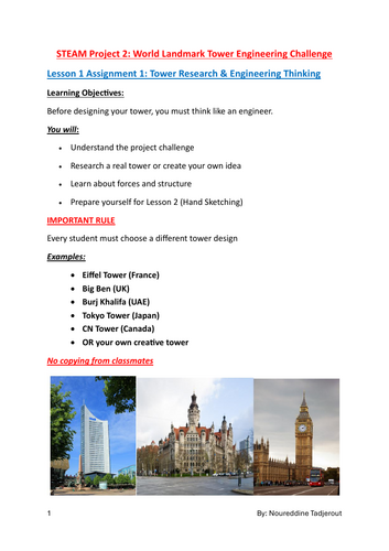 STEM or STEAM Project 4 : World Landmark Tower Engineering Challenge for Gr: 6/7/8 or Yr:7/8/9