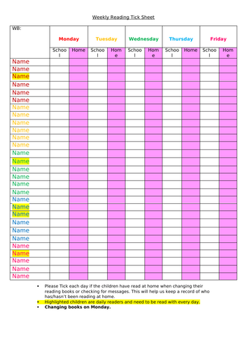 Weekly reading record sheet