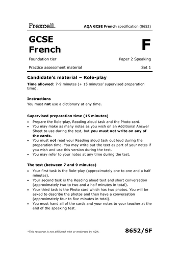 AQA GCSE French (2026) – Foundation Speaking Cards