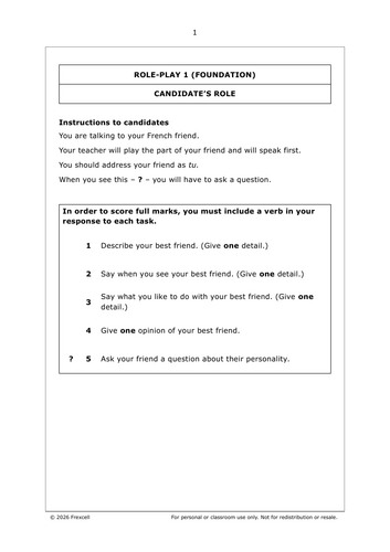 AQA GCSE French (2026) – Foundation Speaking Cards