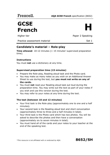 AQA GCSE French (2026) – Higher Speaking Cards