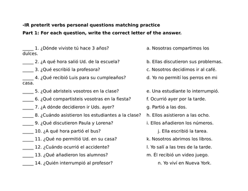 -IR preterit verbs personal questions matching practice