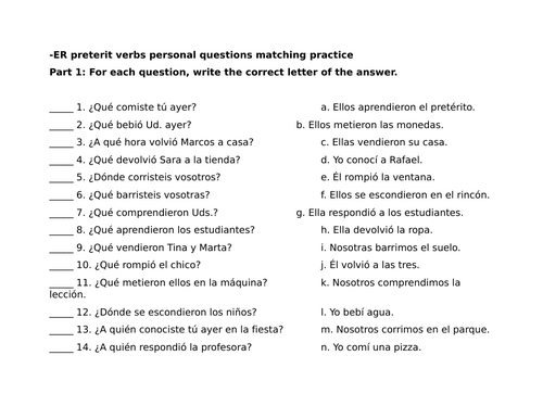 -ER preterit verbs personal questions matching practice