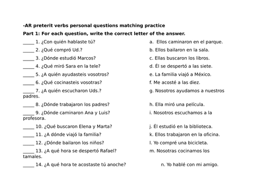 -AR preterit verbs personal questions matching practice