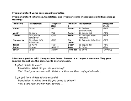 Irregular preterit verbs easy speaking practice (Spanish)