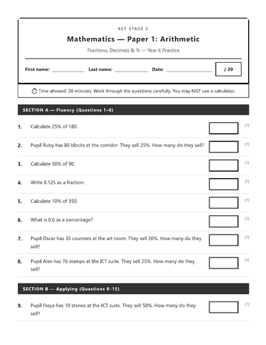Year 6 Fractions, Decimals & Percentages Practice Papers | KS2 SATs Arithmetic Paper 1 Revision