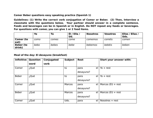 Comer Beber questions easy speaking practice (Spanish 1)