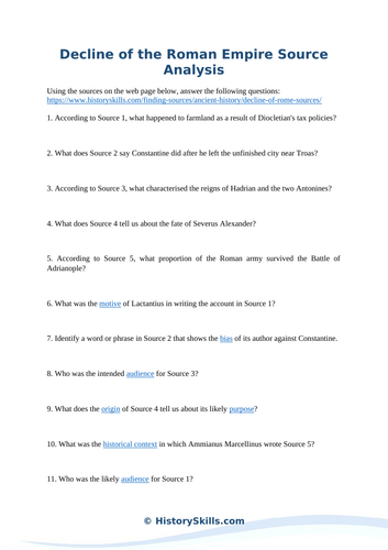 Decline of the Roman Empire Source Analysis Worksheet