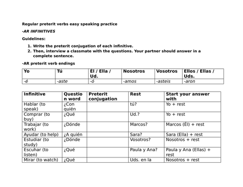 Regular preterit verbs easy speaking practice (Spanish)
