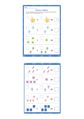 Monsters Addition Worksheet (Numbers within 10)