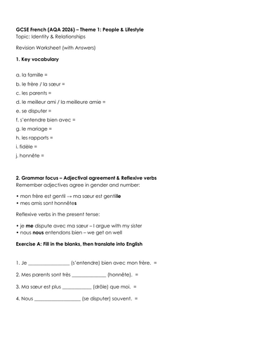AQA GCSE French Revision worksheet - Identity & relationships