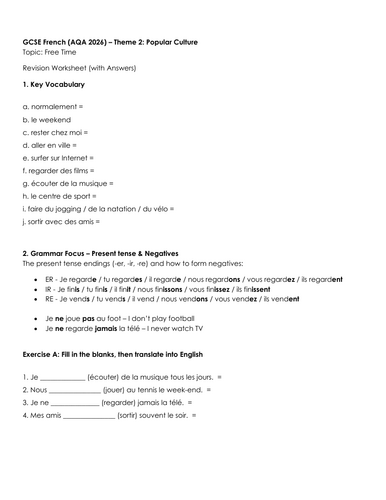 AQA GCSE French Revision Worksheet - Free time