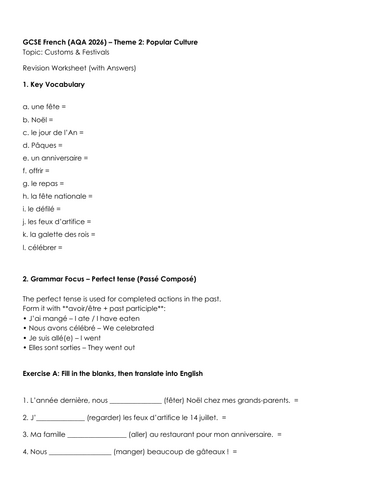 AQA GCSE French Revision Worksheet - Customs & Festivals