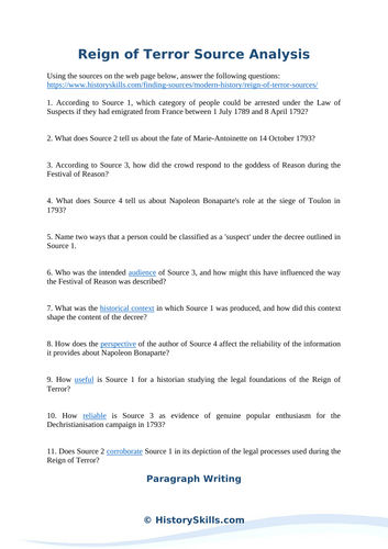 Reign of Terror in the French Revolution Source Analysis Worksheet