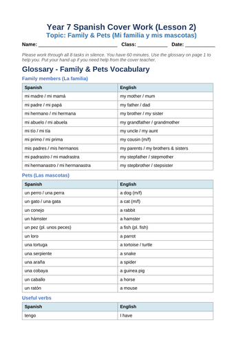 Year 7 Spanish: Family & Pets Worksheet