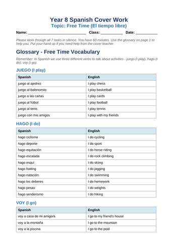 Year 8 Spanish: Free Time Activities Worksheet