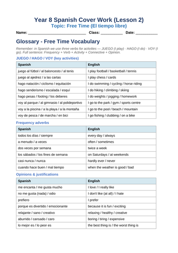 Year 8 Spanish: Free Time Reading & Writing Pack