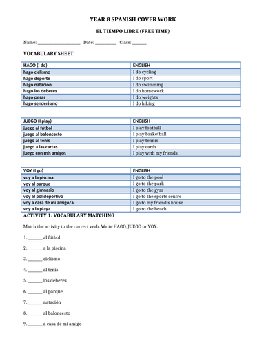 Year 8 Spanish: Free Time Extended Reading Pack