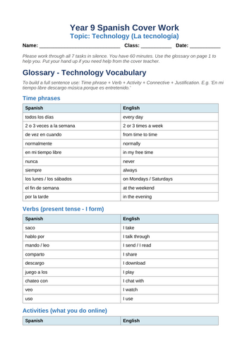 Year 9 Spanish: Technology Independent Tasks