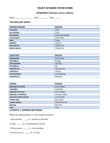 Year 9 Spanish: Opinions on Films, TV and Music