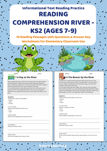 Reading Comprehension River Worksheets (Ages 7–9) | 10 Texts & Questions